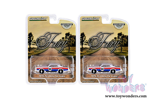 Greenlight - Plymouth Fury #86 - Hazzard County Road Rally (1976, 1/64 scale die cast model car, White/Red/Blue) 30156/48